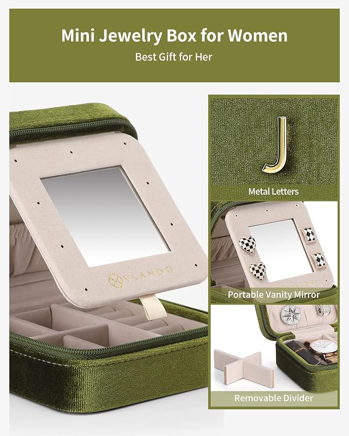 VLANDO Plush Velvet Travel Jewelry Case, Personalized Initial Jewelry Boxes for Women Girls, Mini Jewelry Travel Organizer Travel Essentials for Birthday Gifts - Letter J, Green
