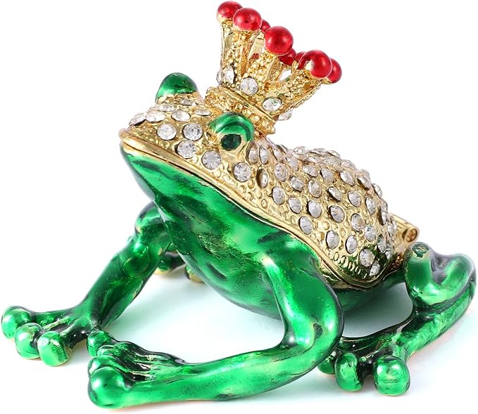 QIFU Mini Frog Prince Figurine Hand Painted Enamel Hinged Jewelry Trinket Box, Unique Gift for Family