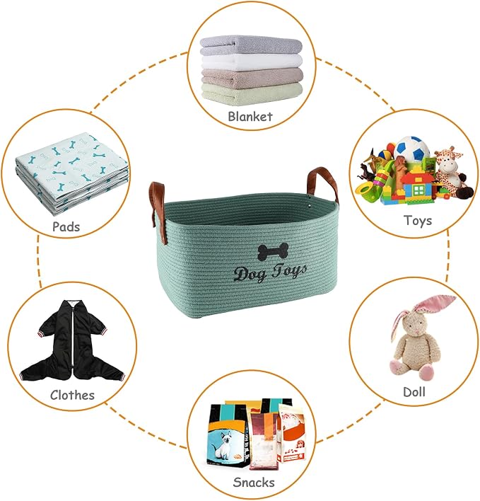 Geyecete X-Large Cotton Rope Dog Basket with Leather handle Blanket Storage Basket Decorative Clothes Hamper Basket | Extra Large Baskets for Blankets or Laundry-Geen
