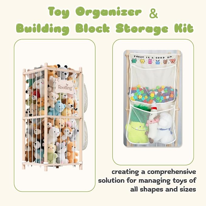 Stuffed Animal Storage & Organizer, 54 inch Tall Wooden Cute Zoo Toy Holder w/Building Block Storage Bag, Premium Wooden Material with Elastic Cord for Toddler Rooms, Playrooms (Small)