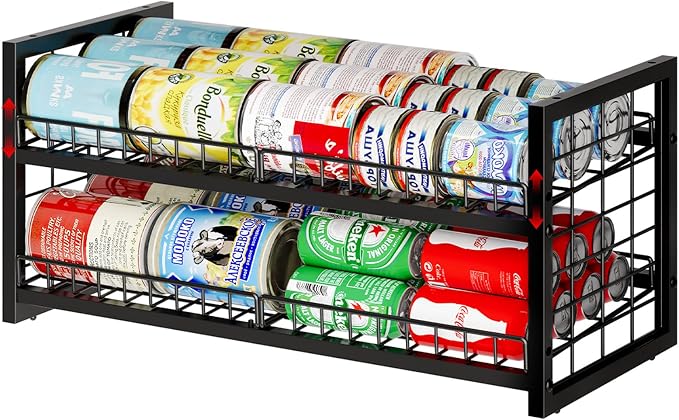 JKsmart 2-Tier Stackable Can Organizer, Extra-Long Can Holders for Pantry Storage, Adjustable Can Dispenser Holds Up to 64 Cans, 12mm Metal Frame, Super Sturdy Racks for Various Canned Food Soda
