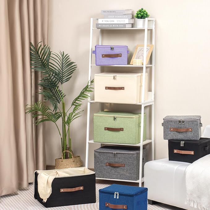 Storage Bins with Zipper Lid Foldable Fabric Lidded Storage Boxes Baskets Cubes Washable Collapsible PU Leather Handle Cotton Linen Shelves Closet Organizer Container(Purple, Large Size)