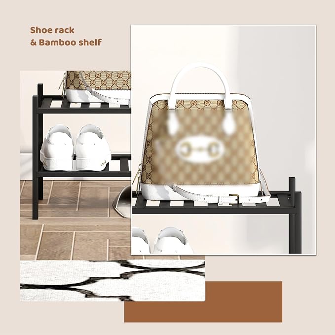 Bamboo Shoe Rack Stackable Shoe Shelf Storage Organizer for Unit Entryway Hallway and Closet Sturdy Freestanding Small Shoe Shelf(2S Tier Black)