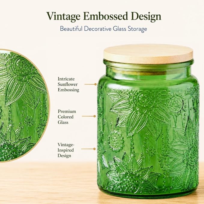 ANSQU Set of 2 Glass Jars with Lids, 23.7 FL OZ Vintage Glass Storage Jars, Cookie Jar Sugar Container for Kitchen Counter, Pantry, Candy Jar with Lid (Green, 2Pack)
