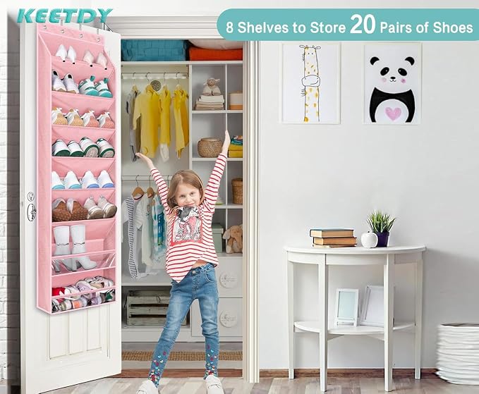KEETDY Over The Door Shoe Organizer Fit 20 Pairs Sneakers Large Hanging Shoe Organizer for Closet Door Storage Boots, Pink