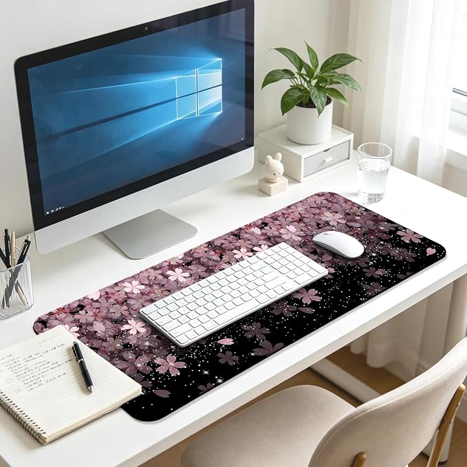 Japanese Cherry Blossom Gaming Desk Mat, Computer Keyboard Large Extended Flowers Mouse Pad for Office and Home, 31.5×11.8 Inches, XL, Black