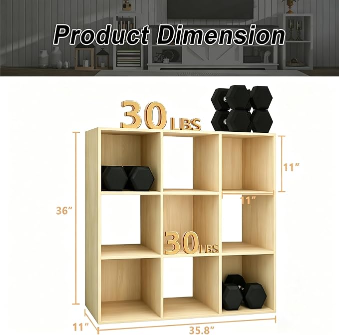 9 Cube Shelf Bookcase, Oak 11in | Anti-Tipping Kits, Reversible Open Back, Multi Layer Multi Grid Partition Layout