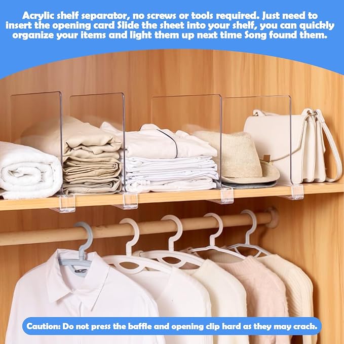 Pack of 4 Acrylic Shelf Dividers Wardrobe, Transparent Divider Shelf, 20 x 28 cm, Multifunctional Pockets Organiser Cupboard, for Kitchen Cabinets, Bookshelves, Cupboards