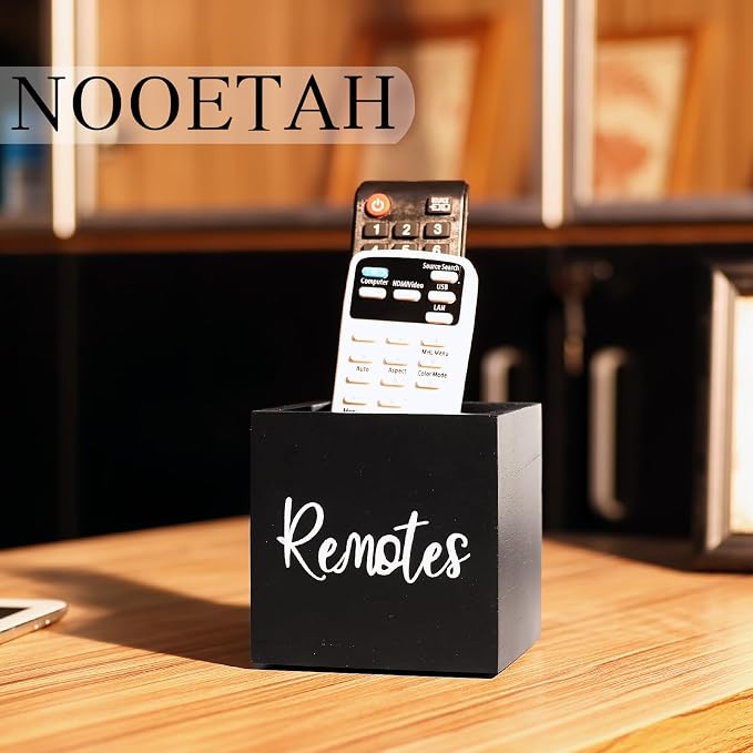 Remote Control Holder, Wooden TV Remote Holder for Table, Remote Organizer Caddy for Home Decor, Remote Box for Nightstand, Black Labeled "Remote", 1 Slot - 3.5 Inch