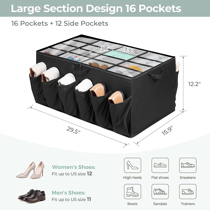 Extra Large Fabric Shoe Organizer for Closet, Fits up to 28 Pairs, Foldable Shoe Storage Bin Containers with Adjustable Dividers and Clear Cover, Black, 6 Pack