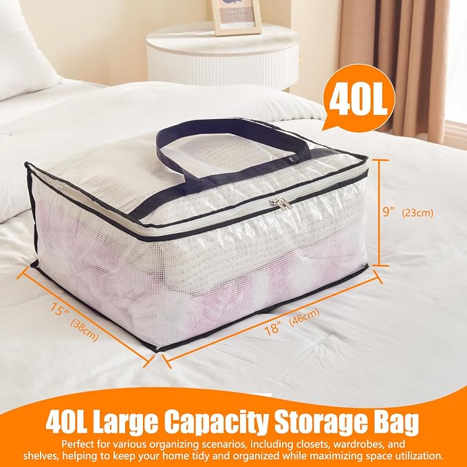 MKOKYD 40L Clear Storage Bags for Blanket, Clothes, Comforter, Bedding, Sheet, Pillow - Closet Organizers and Storage Containers, Under Bed Storage Bag with Zipper (Clear, 3 Pack)