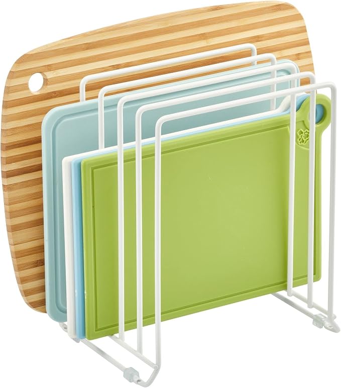 mDesign X-Large Steel Storage Tray Organizer Rack for Kitchen Cabinet - Divided Holder with 5 Slots for Skillets, Frying Pan, Pot Lids, Cutting Board, Baking Sheets - Concerto Collection - White