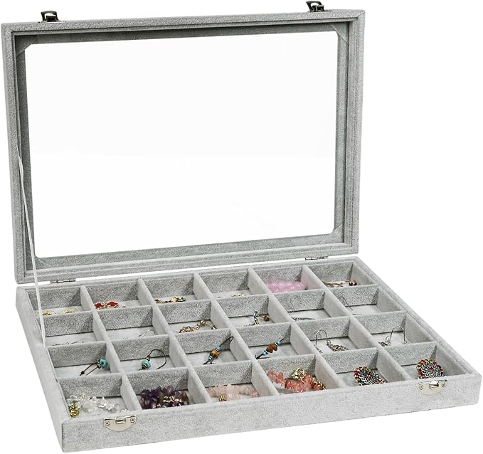 Stratalife 24 Grid Jewelry Holder Organizer: Earring Organizer Box with Clear Glass Lid, Velvet Jewelry Storage for Studs, Earrings, Rings, Necklace with Removable Dividers for Dresser, Grey