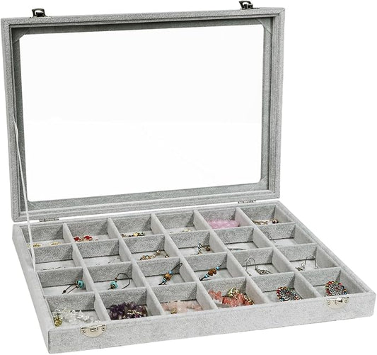 Stratalife 24 Grid Jewelry Holder Organizer: Earring Organizer Box with Clear Glass Lid, Velvet Jewelry Storage for Studs, Earrings, Rings, Necklace with Removable Dividers for Dresser, Grey