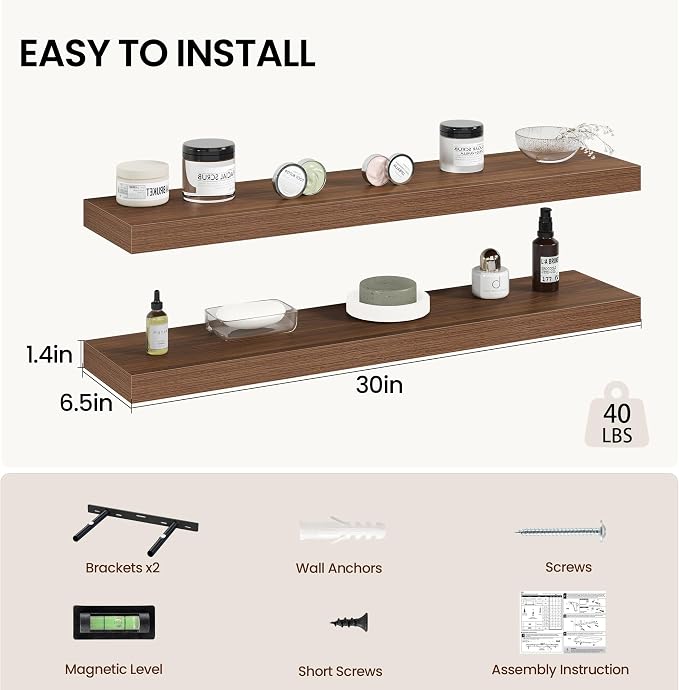 Vivelove 30 Inch Floating Shelves Wall Mounted for Display, 6.5 Deep Duty Shelves with Invisible Brackets for Living Room,Bedroom,Kitchen, Bathroom Storage & Decor,30" Wx6.5 Dx1.4 H - Walnut