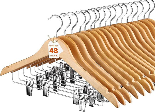 HOUSE DAY Wooden Hangers with Clips 48 Pack,Wooden Suit Hangers Skirt Hangers Solid Wood Pants Hangers Natural Smooth Finish Wood Hangers with Durable Metal Clips for Blouse, Dress, Coat, Jacket