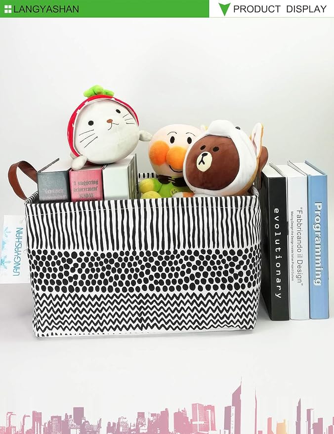 Rectangular Collapsible Storage Basket Nursery Organizer Black Line | Storage Bin Foldable Canvas with Handles for Organizing Home Kitchen Children Toys Office Closet Shelf Baskets