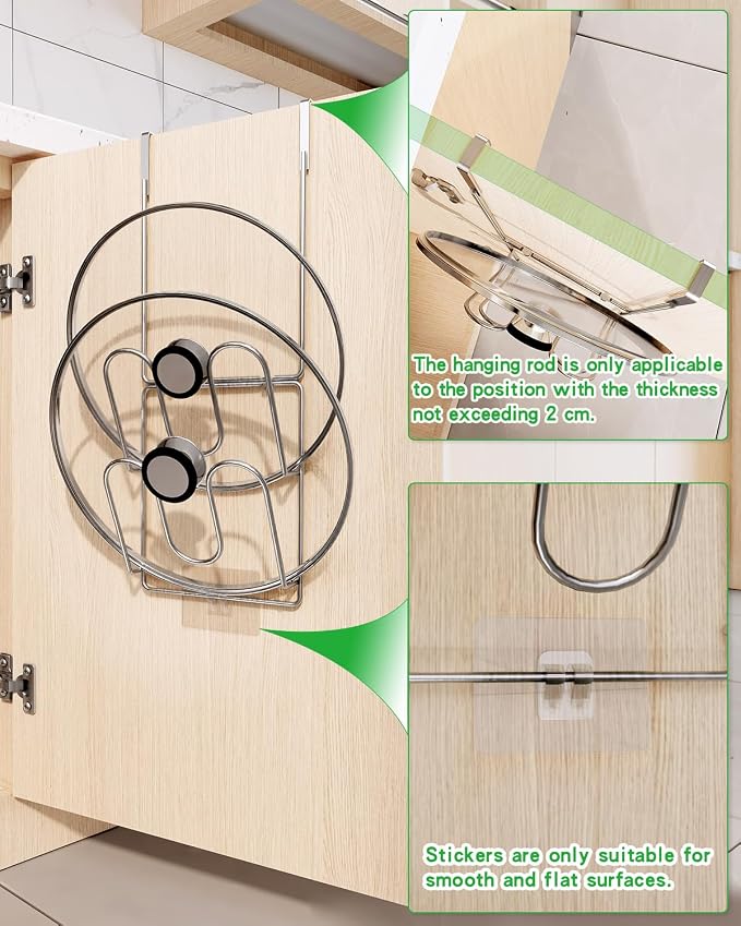 Over Cabinet Door Pot Lid Organizer, 2-Tier Stainless Steel Pan Cover Rack, Kitchen Storage Holder