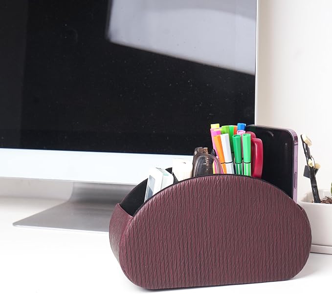 Remote Control Holder, PU Leather Remote Caddy Desktop Organizer with 5 Spacious Compartments for TV Remotes/Media Controllers/Office Supplies (1-Wood Brown