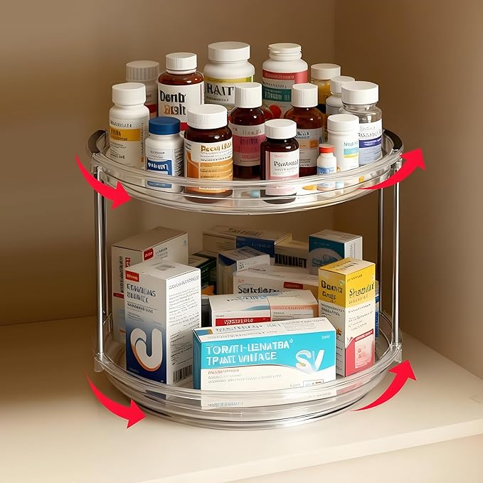 2 Tier Medicine Cabinet Organizer, Rotary Turntable Organizer for Medicine and Vitamin Bottles, Under Sink Organizer for Medicine, Bathroom Cabinet Storage, Easy Assembly, Transparent Clear