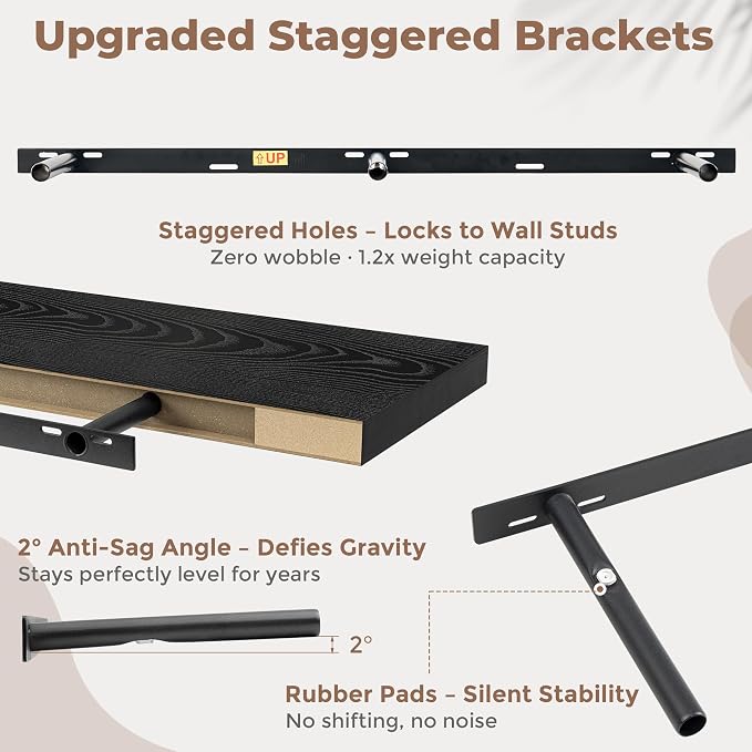 FLYJOE 55 Inch Floating Shelves for Wall Set of 2, 6.5" D Wood Grain Bathroom Shelves with Invisible Brackets, Easy Install Engineered Wood Storage Shelves for Kitchen, Living Room, Bedroom