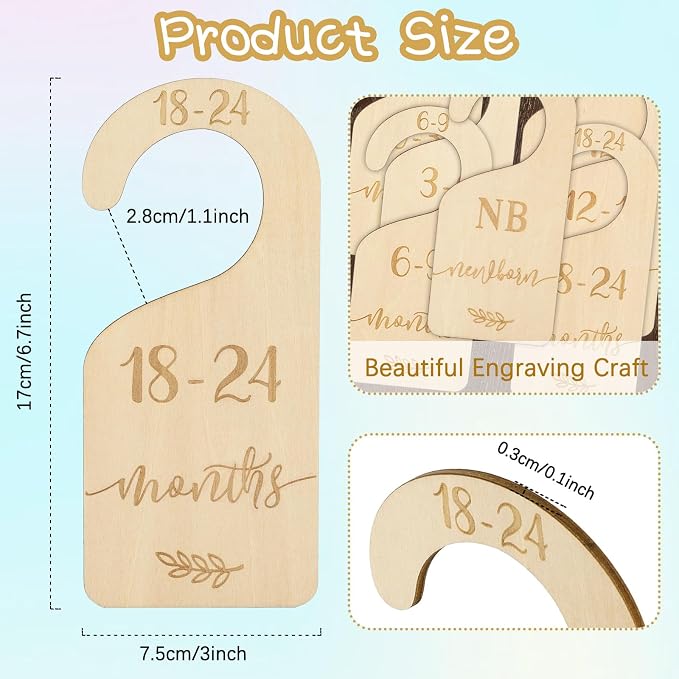 Whaline Wooden Baby Closet Size Dividers Set of 7 Wardrobe Hanger Organizer from Newborn to 24 Month Nursery Decor Dividers with Blue Velvet Bag Design for Home Nursery Infant Baby Clothes