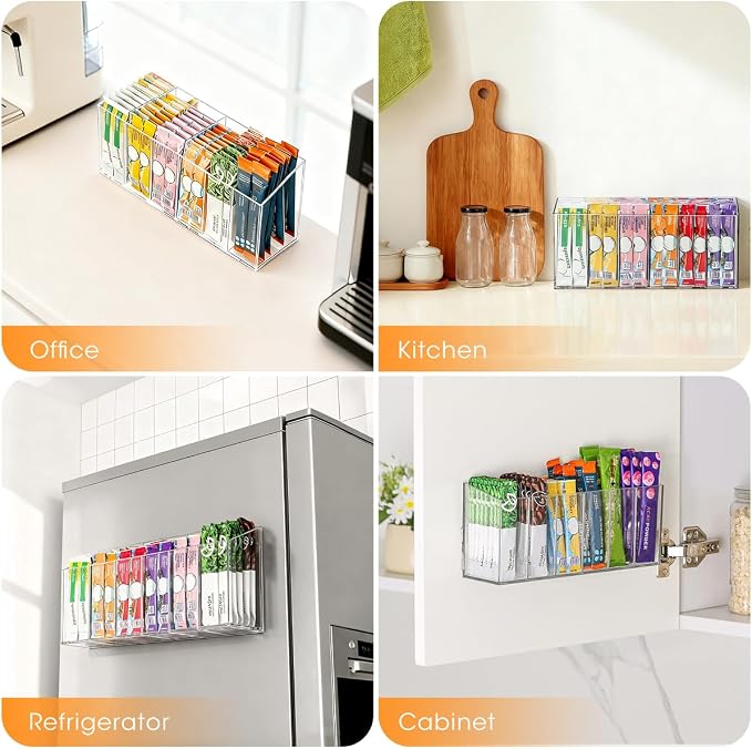 AIEVE Drink Packet Organizer, Mountable Water Packet Organization Holder with Adhesive & Magnetic Sticker, Pantry Organizers Kitchen Storage for Countertop Table Fridge Cabinet