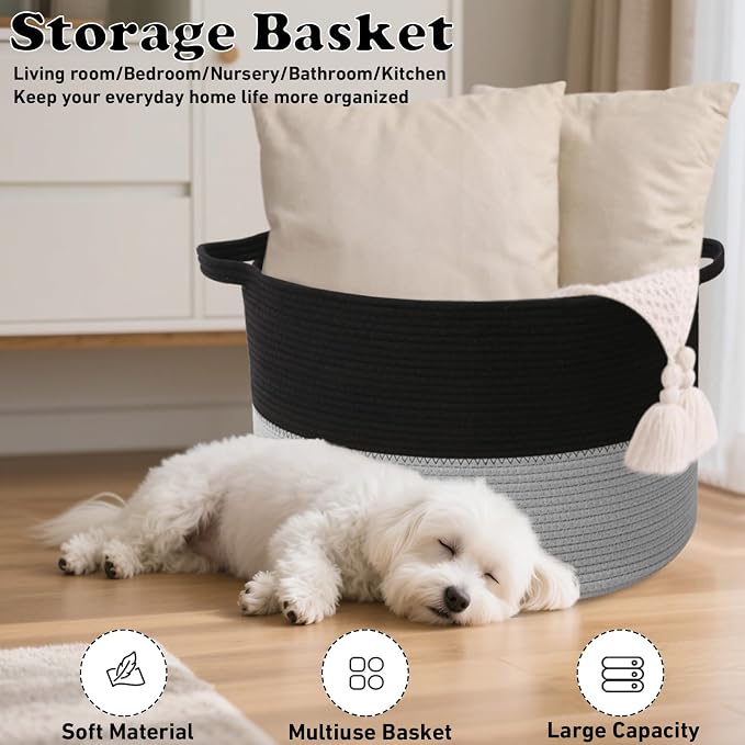 65L Large Blanket Basket, 19.7" L x 19.7" W x 13" H Rope Woven Storage Basket,Laundry Hamper for Toys, Clothes, Pillows,Towels, Perfect for Living Room, Nursery & Bedroom,Black&Light Grey