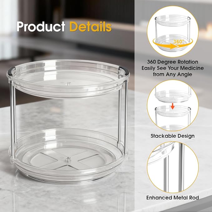 2 Tier Medicine Cabinet Organizer, Rotary Turntable Organizer for Medicine and Vitamin Bottles, Under Sink Organizer for Medicine, Bathroom Cabinet Storage, Easy Assembly, Transparent Clear