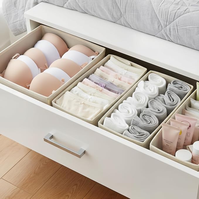 Drawer Organizer Set 6 Pack - Foldable 11" Fabric Storage Bins with Zipper Bottom for Underwear Socks Bras Baby Clothes - Closet Dresser Dividers for Bedroom Nursery, Khaki