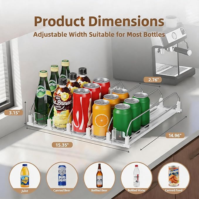 HIYOHIYO 5 Row Automatic Drink Organizer for Fridge, Holds up to 25 Cans | Depth 15" | Adjustable Width | Auto Push Soda Can Dispenser For Refrigerator Supermarket Shelf Storage