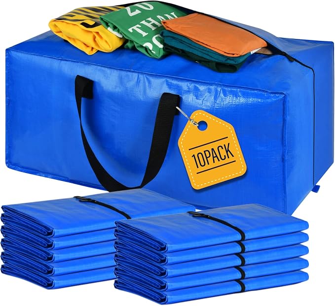 Heavy Duty Blue Moving Bags with Strong Zipper Handles Backpack Straps | 10 Pack Extra Large Storage Bags Totes Moving Boxes Packing Supplies for College Dorm Room Essentials Compatible with IKEA
