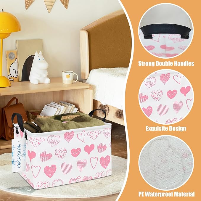 Rectangular Collapsible Angel Heart Storage Basket Nursery Toy Organizer | Storage Bin Foldable Canvas with Handles for Organizing Home Kitchen Children Toys Office Closet Shelf Baskets