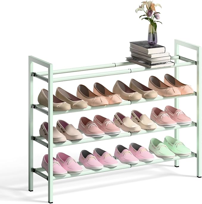Bumusty 4-Tier Expandable Shoe Rack for Closet, 18“-33” Adjustable Shoe Rack for Small Space, Small Shoe Organizer for Front Door, Sturdy Metal, Green