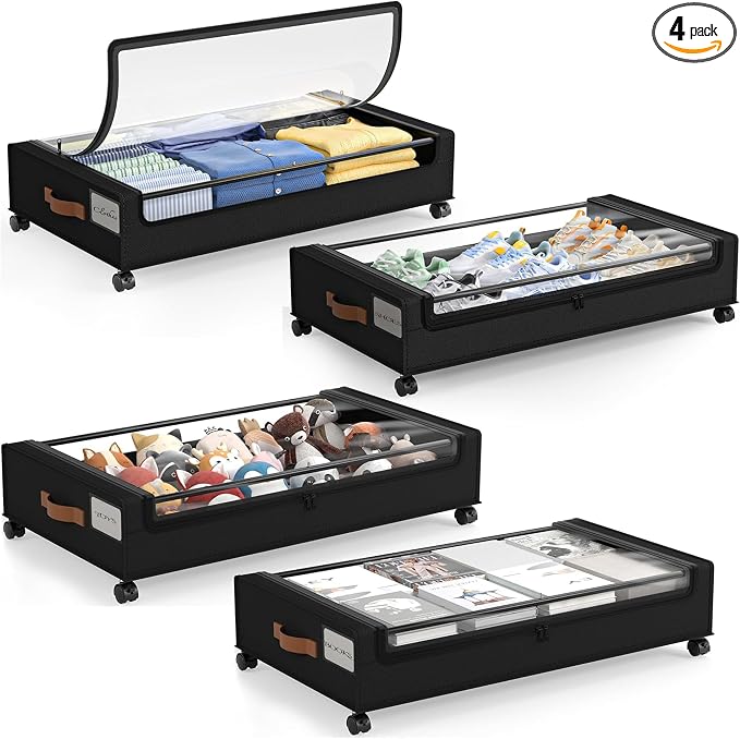 LAMU Under Bed Storage with Wheels, 4 Pack Under Bed Storage Containers with Clear Lid, XXL 60 L Underbed Storage Bins, Rolling Under Bed Metal Drawers for Clothes, Blankets, Shoes, Black