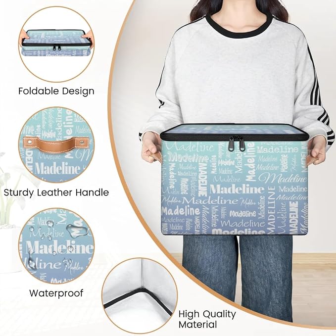 Custom Storage Basket with Name, Personalized Keepsake Box with Zipper Lid, Foldable Fabric Memory Bin Large capacity with Handle Green Blue Gradient