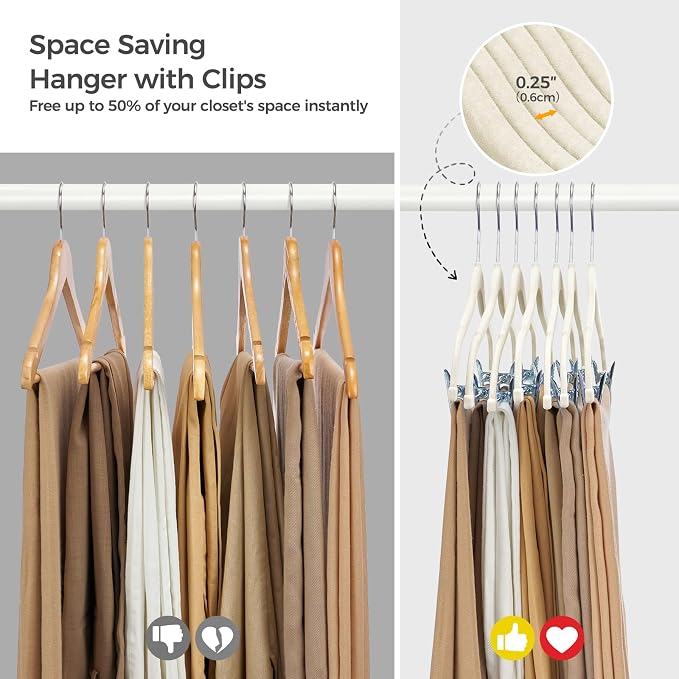 HOUSE DAY Velvet Hangers with Adjustable Clips 30 Pack, Non-Slip Suit Organizer with 360° Hook - Heavy Duty Hanger for Pants, Skirts, Blouses, Dresses - Outfit Hangers All-Season Space Saver (Ivory)