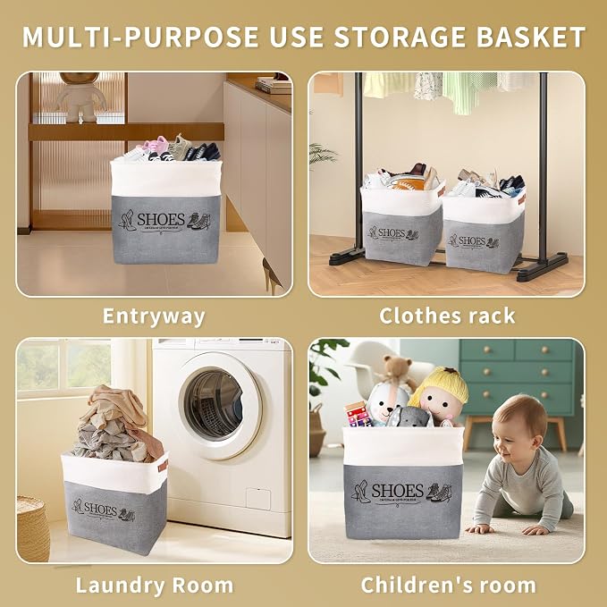 Shoe Basket Organizer, Large Capacity Fabric Entryway Shoe Storage Bin with Handle, Flodable Space-Saving Shoe Basket for Entryway, Hallway, Entryway and Mudroom