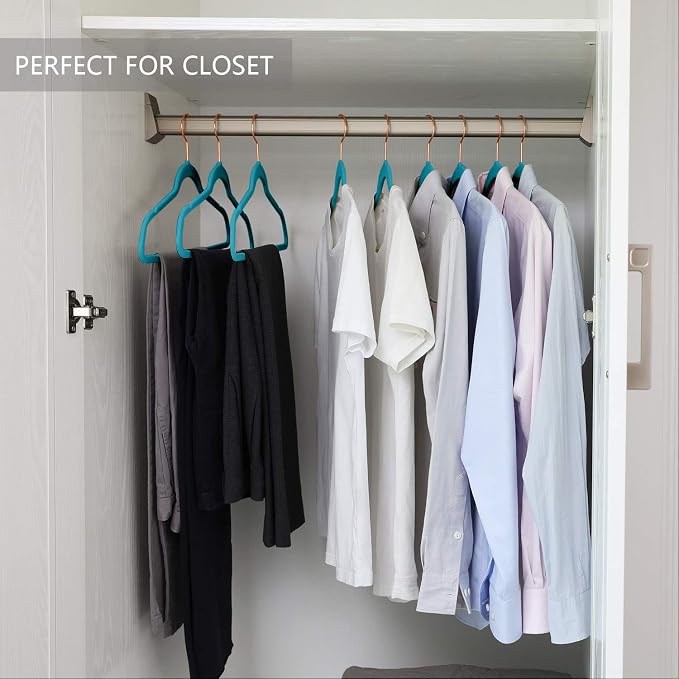 MIZGI Premium Velvet Hangers (50 Pack) Heavy Duty - Non Slip Felt Suit Hangers Teal/Turquoise - Rose Gold Hooks, Space Saving Clothes Hangers