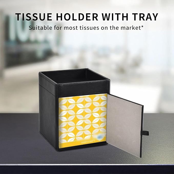 Tissue Box Cover Square Tissue Box Holder PU Leather Facial Tissues Organizer with Storage Tray for Bathroom Vanity Bedroom Office Car, Stylish Napkin Caddy Decorative Organizer (Black)