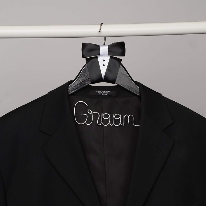 Ella Celebration Groom Hanger for Tuxedo or Suit, Hangers for Bridal Party, Wooden and Wire, Black Wood (Groom)