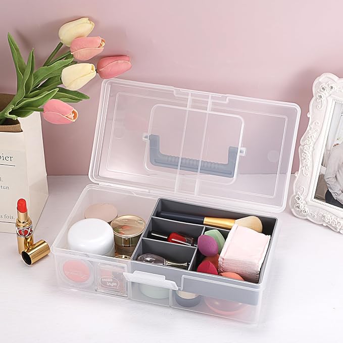 JUXYES Clear Art Craft Supply Storage Bin Sewing Box With Handle Lid | Clear Stackable Latching Craft Storage Bin for School Office, Organizing Stationery, Sewing, Art Craft, DIY Supplies