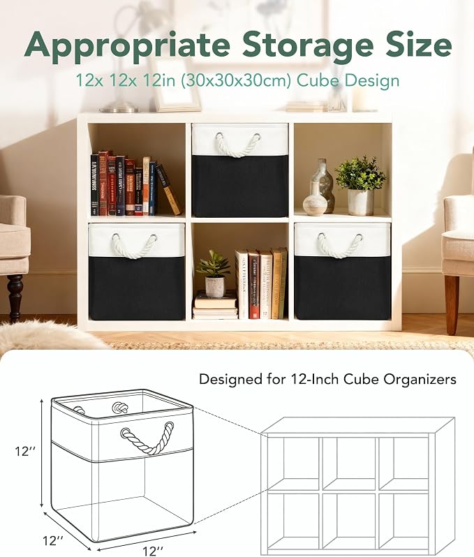 12x12 Storage Cube Bins, 6 Pack Reinforced Bottom Cardboard Foldable Box, Organizer for Closet Shelves, Heavy Home Storage Baskets (White Black)