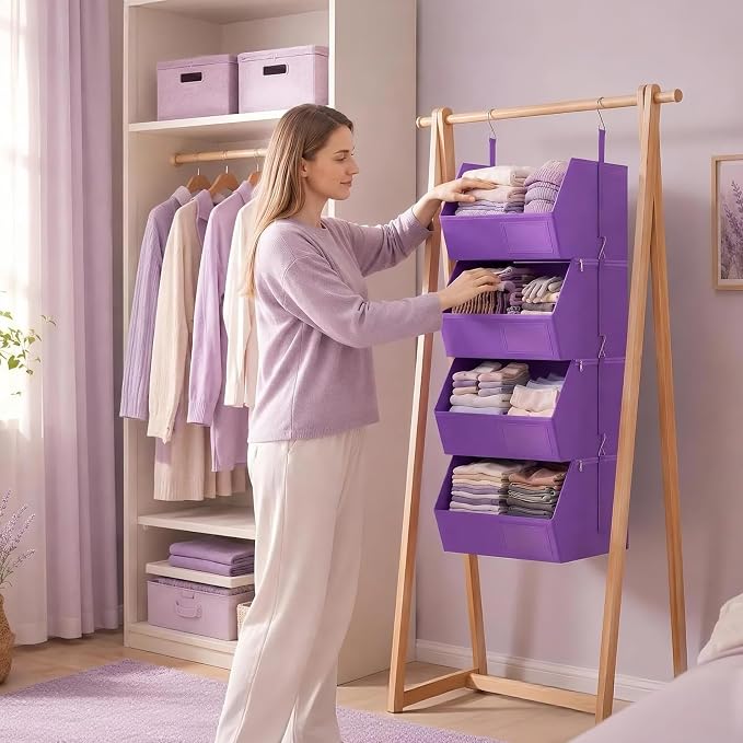 4-Tier Hanging Closet Organizer, Detachable Hanging Storage Shelves with Reinforced Side Panels, Hanging Closet Organizer for Clothes, Sweaters, Towels, Socks & Accessories, Purple