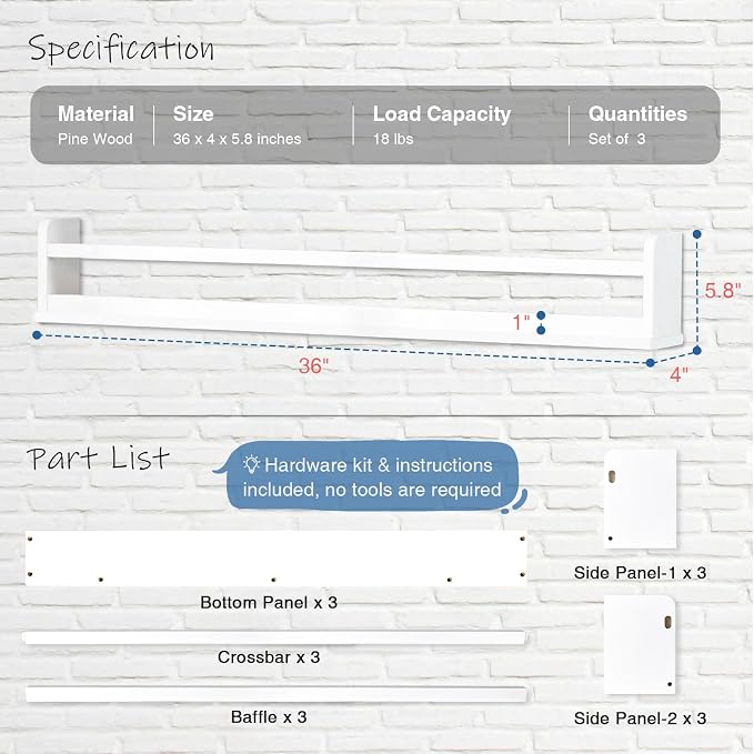 Harwaya White Toddler Wall Bookshelf for Kids Room, 36 Inch Long Floating Nursery Book Shelves for Wall, Wide Hanging Bookshelves for Baby Girl Boy Childrens Kid Bedoom Playroom -Set of 3