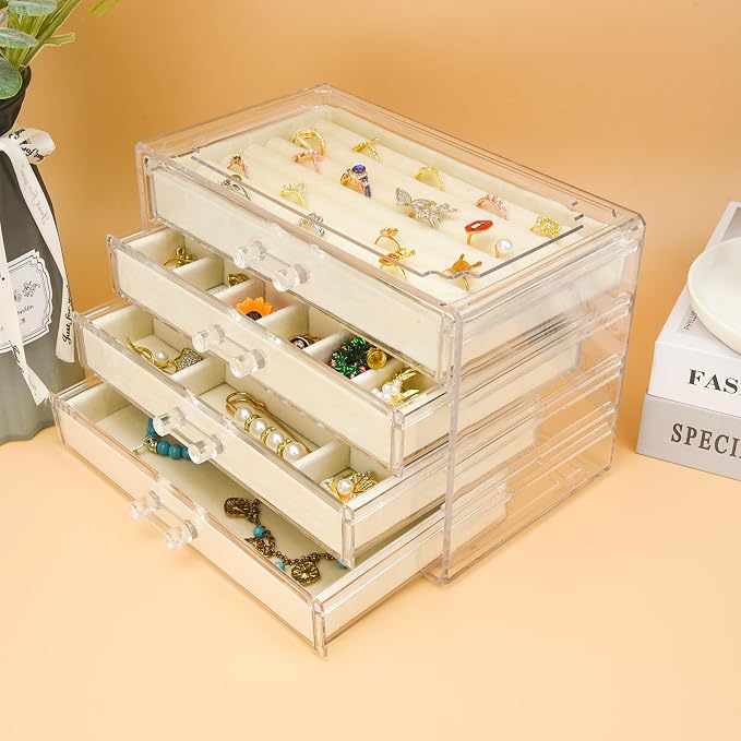 Weiai Acrylic Jewelry Organizer Box 4 Drawer Earring Case Storage for Women Beige