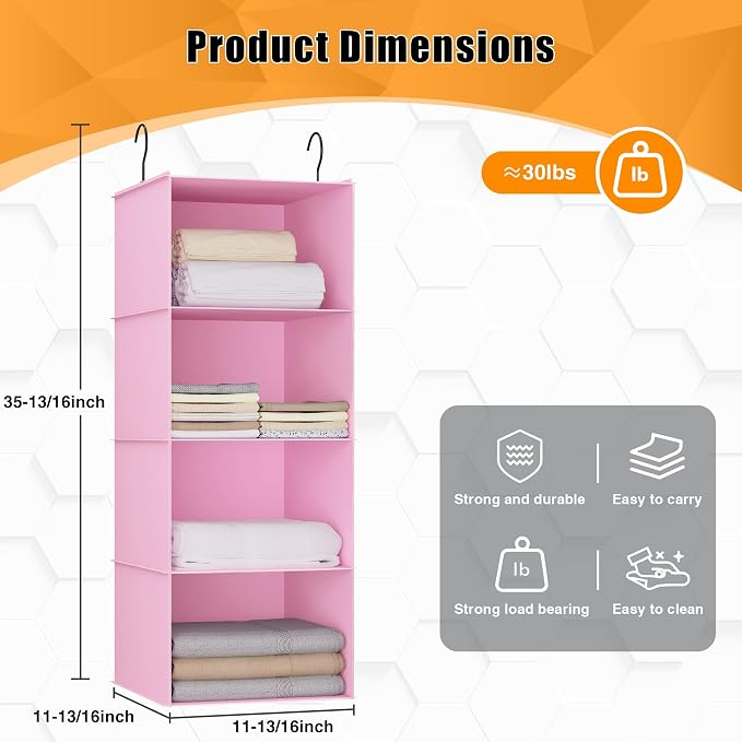 Hanging Closet Organizer 4-Shelf, Oxford Fabric Wardrobe Storage, Pink | Easy-mount foldable design holds clothes, handbags, shoes & accessories; washable Oxford fabric, sturdy and space-saving.