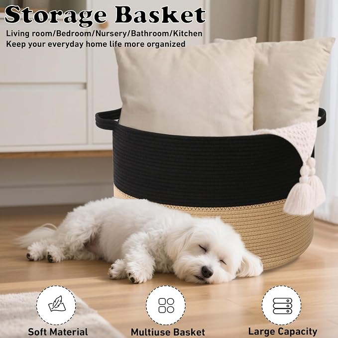 115L Extra Large Blanket Basket,Woven Rope Laundry Basket Hamper with Handles, Decorative Nursery Basket Storage Bin for Toys, Clothes Organizer, Living Room, Bedroom, Bathroom, Black&Camel