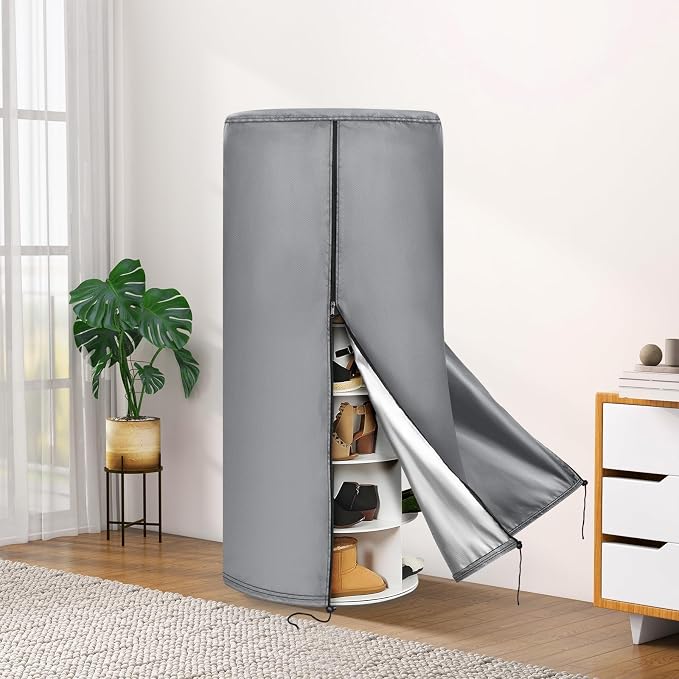 420D Gray Rotating Shoe Rack Tower Cover,25"Dia x 63"H,Cover Only | Spinning Storage Tower Cover – Waterproof, Windproof, Adjustable Drawstring & Zippers,Pet-resistant