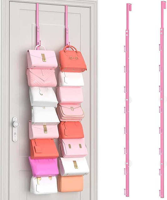 SWTYMIKI Over the Door Purse Organizer - 2 Packs Wall Mounted Purse Rack with 8 Hooks Design, Hanging Handbag Organizer Storage Holds up to 16 Bags, Bag Rack for Closet, Door(Pink)